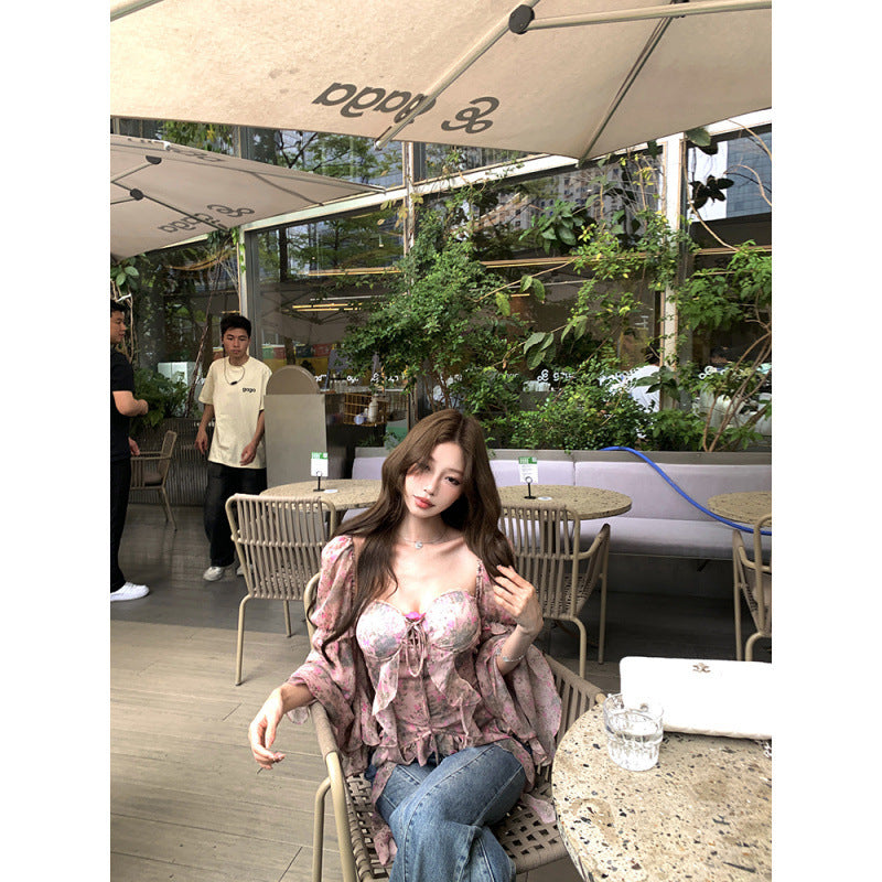 Printed Bay Sleeve Waist-tight Silk Craft Chiffon Blouses For Women