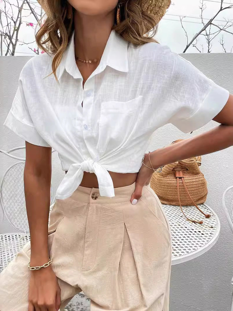 Polo Collar Casual White Women's Cardigan Button Shirt