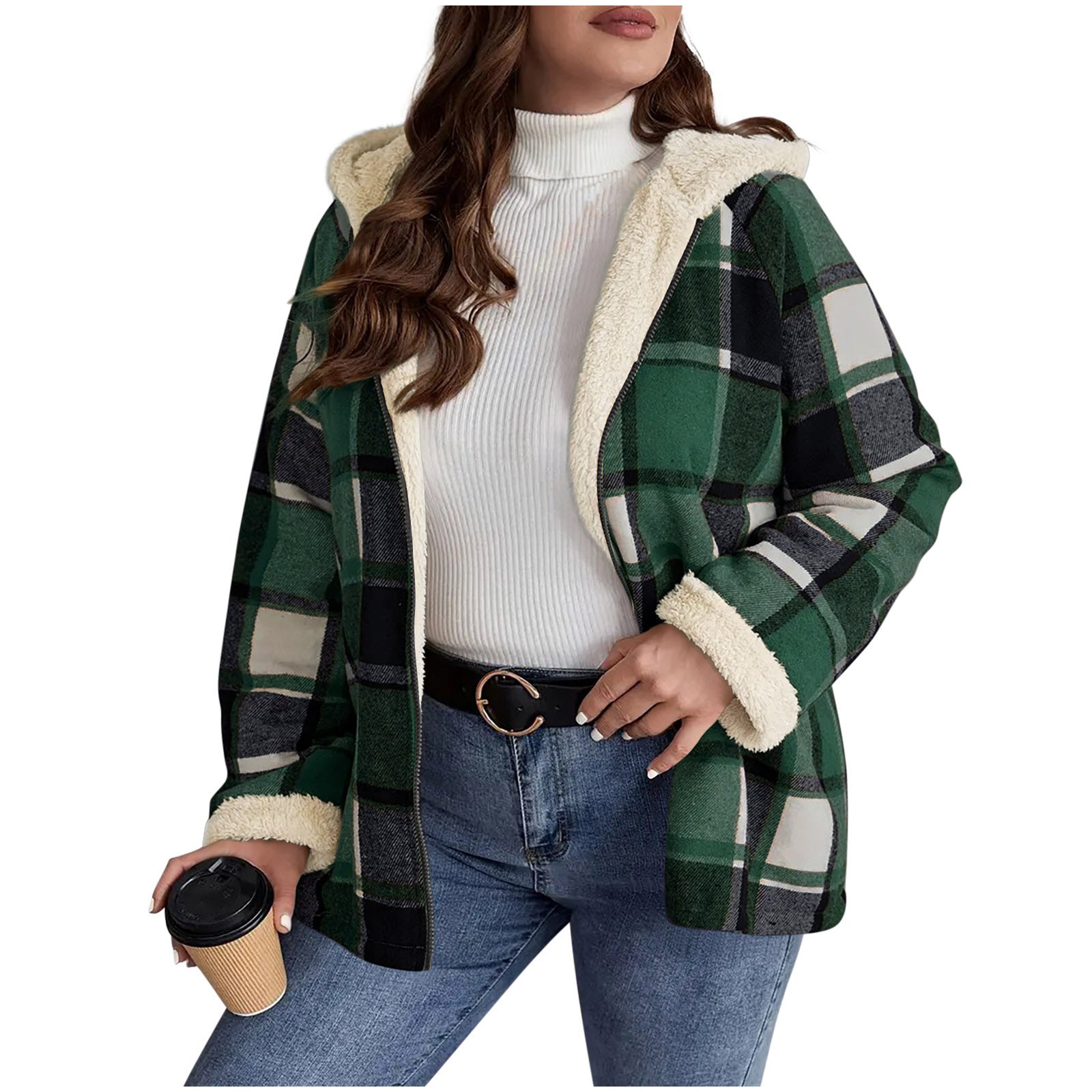 Plaid Printed Coat Fleece-lined Thickened Composite Hooded