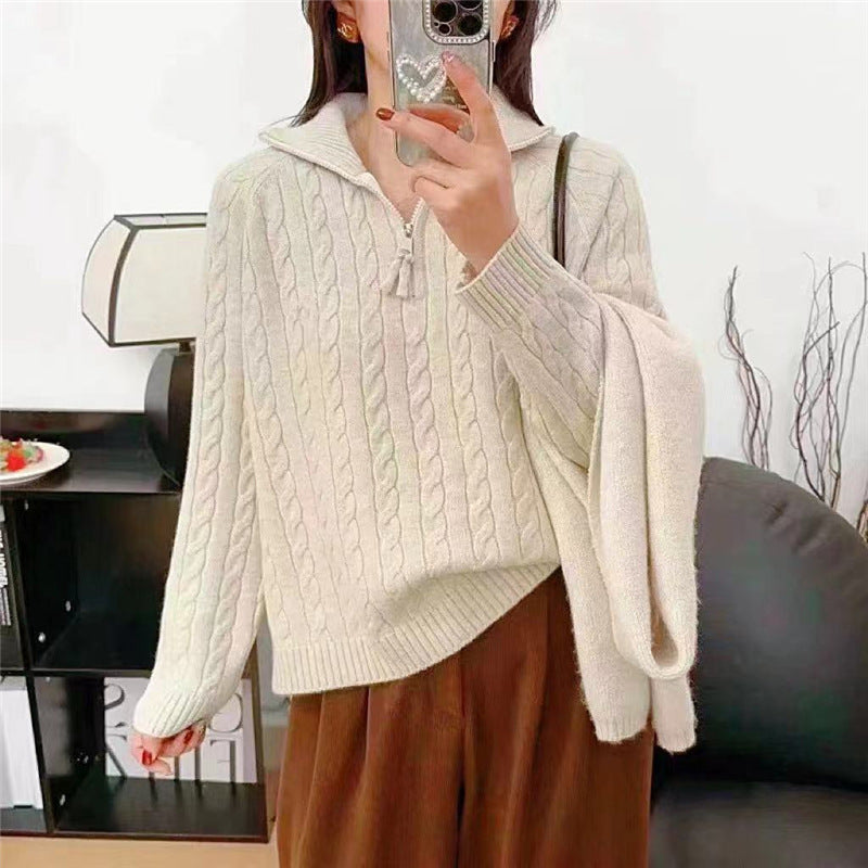Thick Loose Outer Wear Half Turtleneck Lapel Cable-knit Sweater