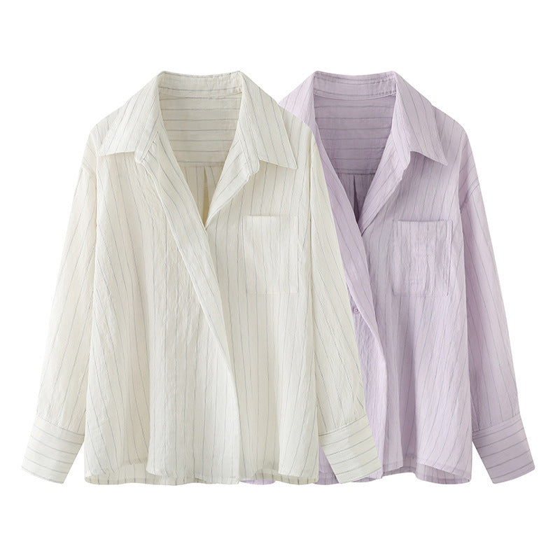 Autumn New Elegant Striped Patch Pocket Shirt Top For Women