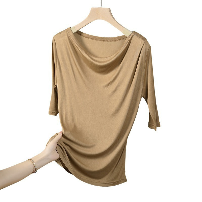 Fashionable Elegant Silk Short-sleeved Pleated T-shirt