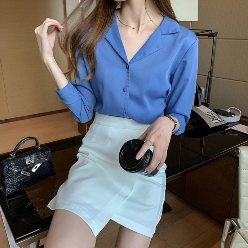 Women's Solid Color Buttons Loose Chiffon Shirt