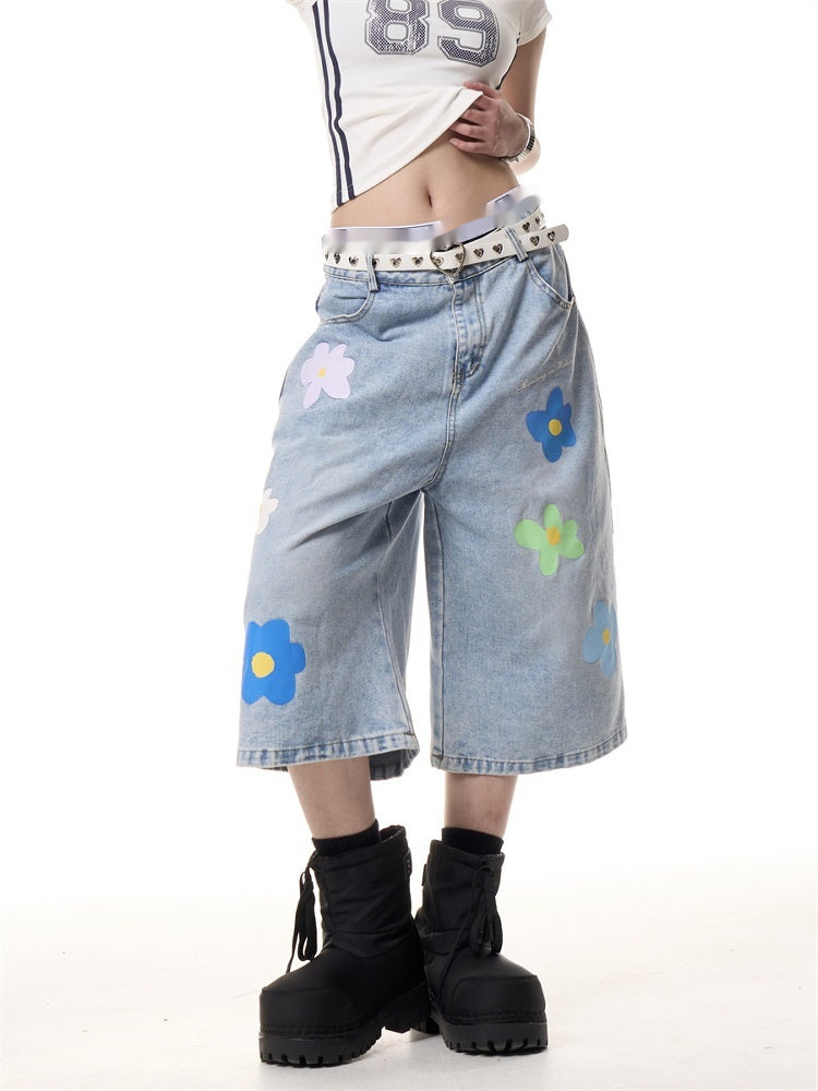 American Vintage Small Flower Loose Straight-leg Denim Cropped Pants For Women
