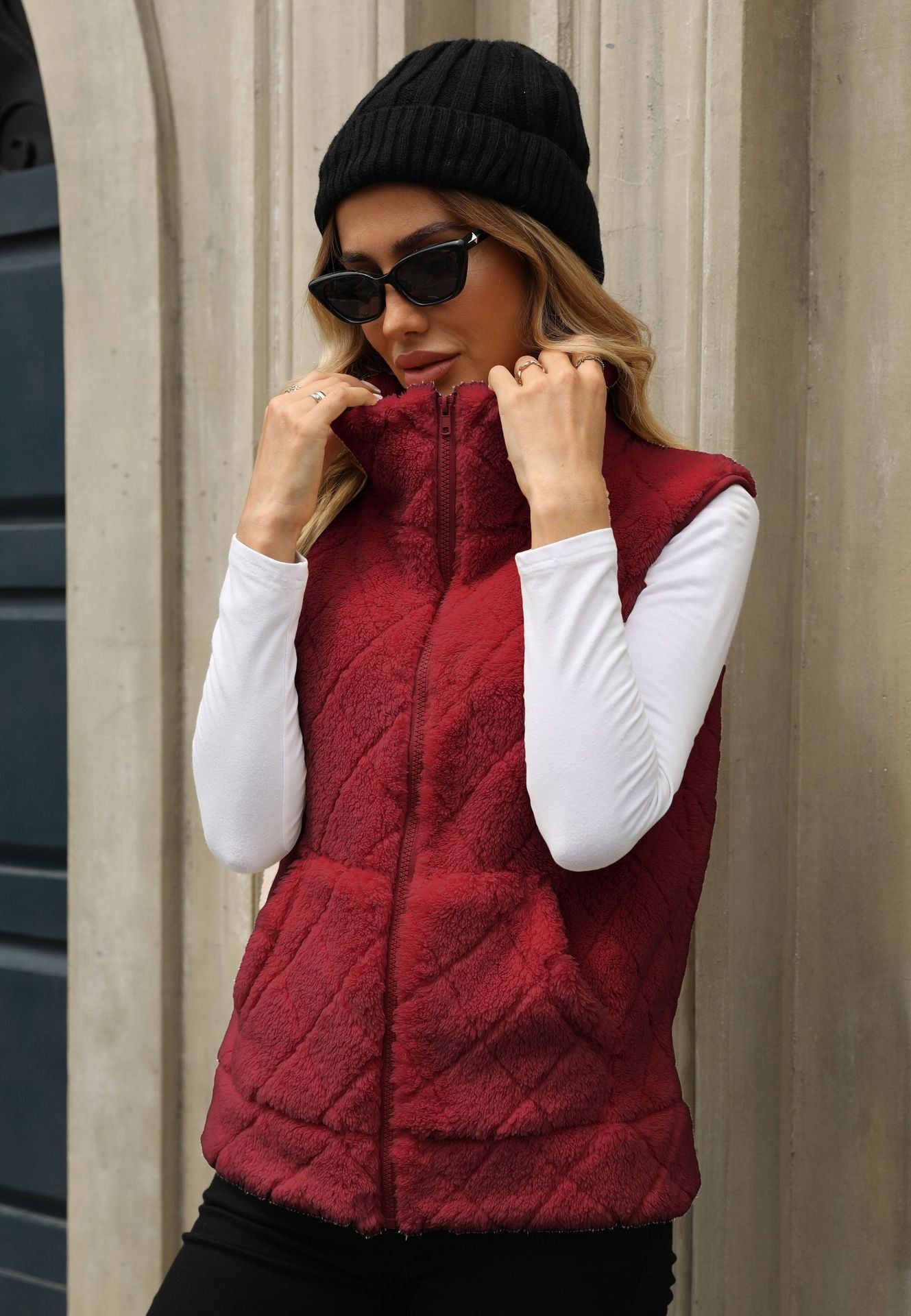 Loose Zip Diamond Lattice Coat Plush Vest